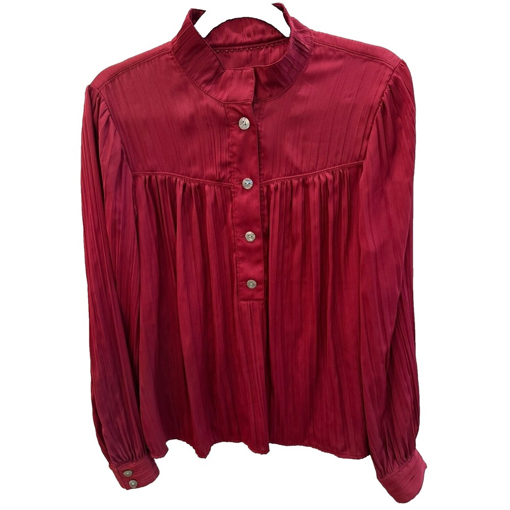 Anthropologie Size M Burgundy Satin Crinkle Pleat Popover Tunic Blouse